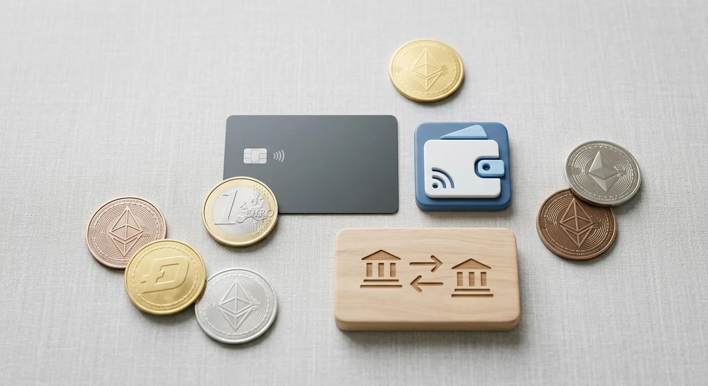 Illustratieve betaalmatrix met euro, bankkaart, e-wallet en cryptovaluta