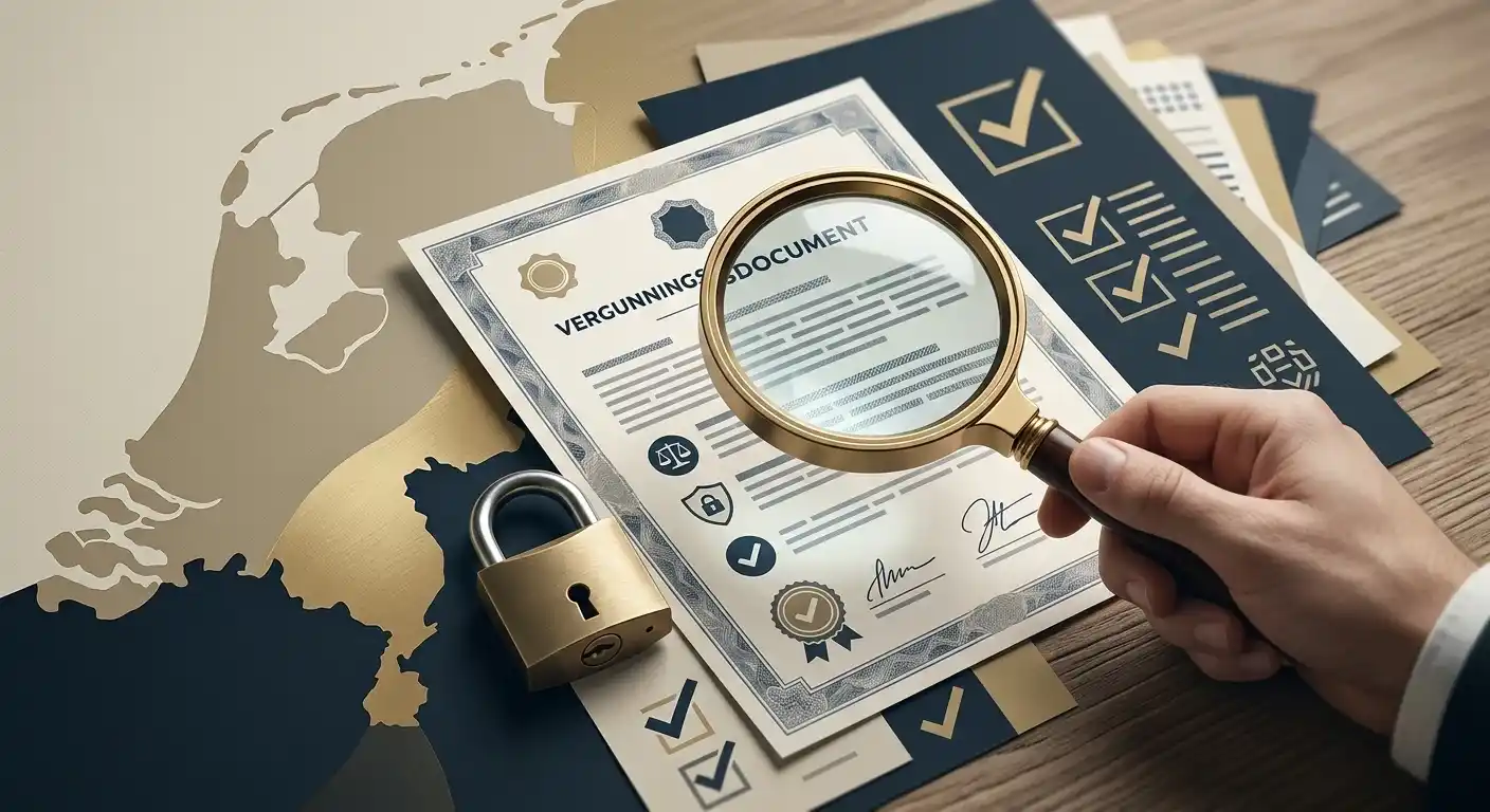 Illustratie van een licentiecheck met document, hangslot, vergrootglas en Nederlandse context