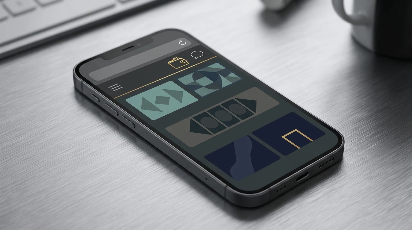 Illustratie van een smartphone met generieke casino-browser, speltegels, wallet en chat