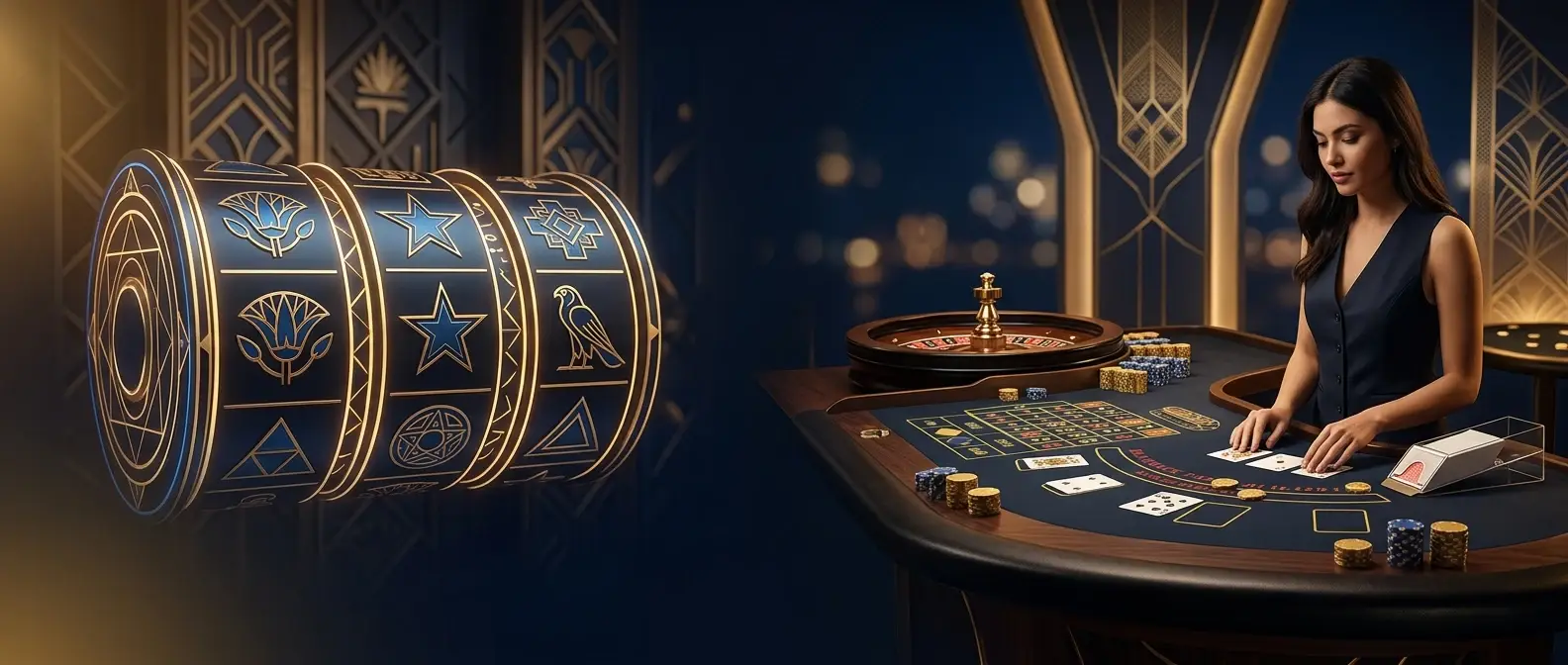 Illustratie van een breed online casino-aanbod met slots, roulette, blackjack en live-dealer tafels