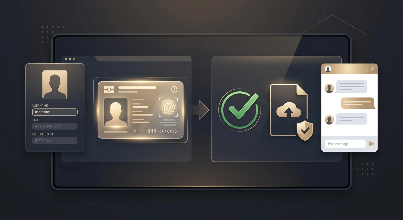 Illustratie van accountverificatie met profiel, documentcontrole en supportchat
