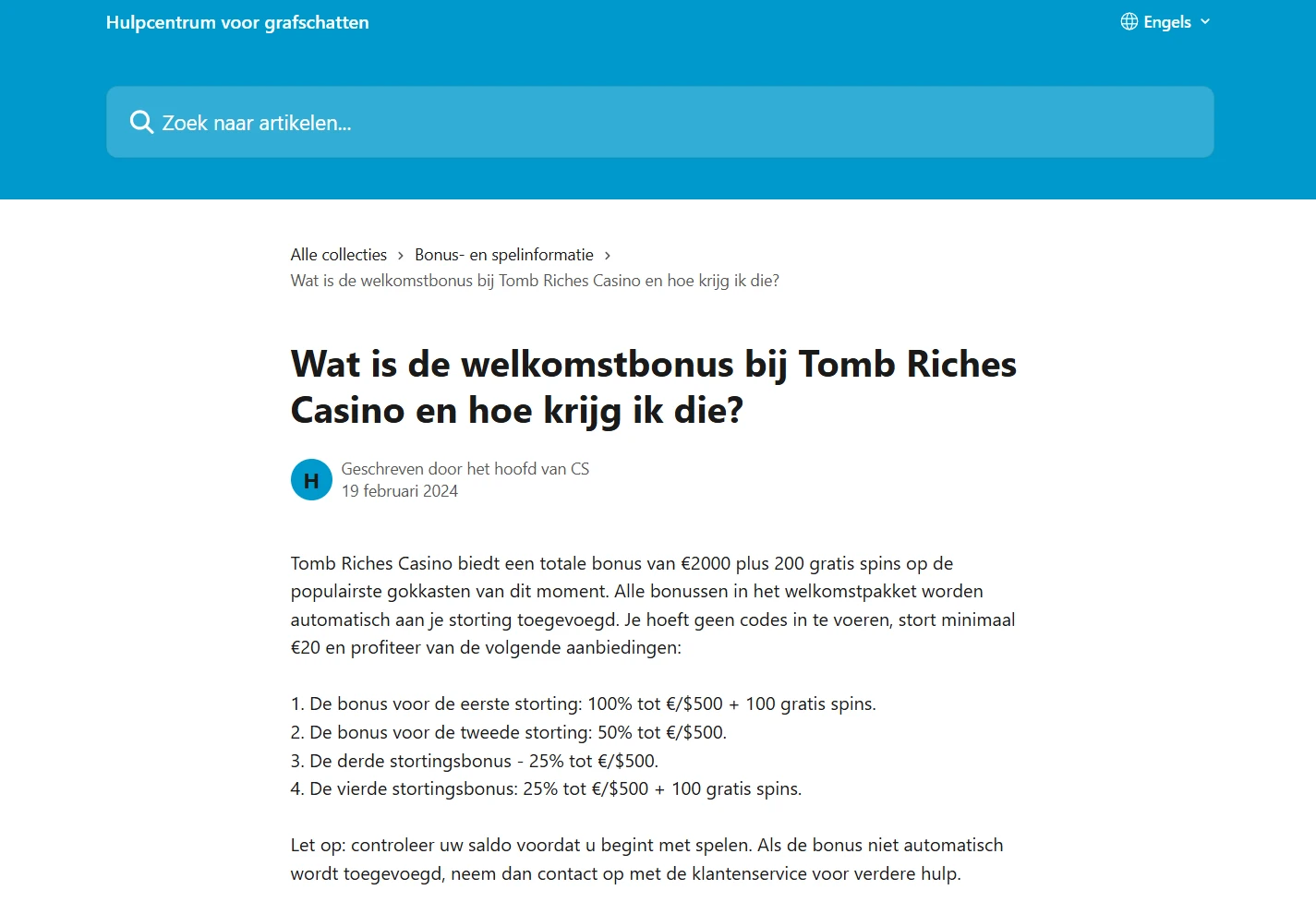 Officiële Tomb Riches help-pagina met de welkomstbonus en de vier stortingen