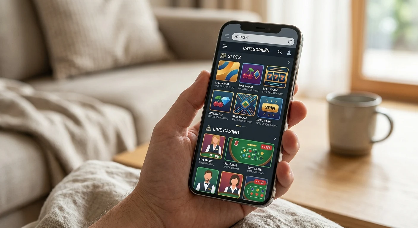 Generieke smartphone met casino-categorieën voor slots en live casino zonder echte Tomb Riches interface